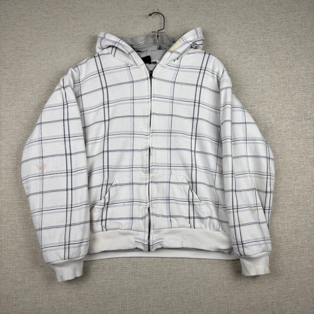 Burnside Mens Full Zip Sherpa Lined Plaid Hoodie White Black Blue Y2K Large